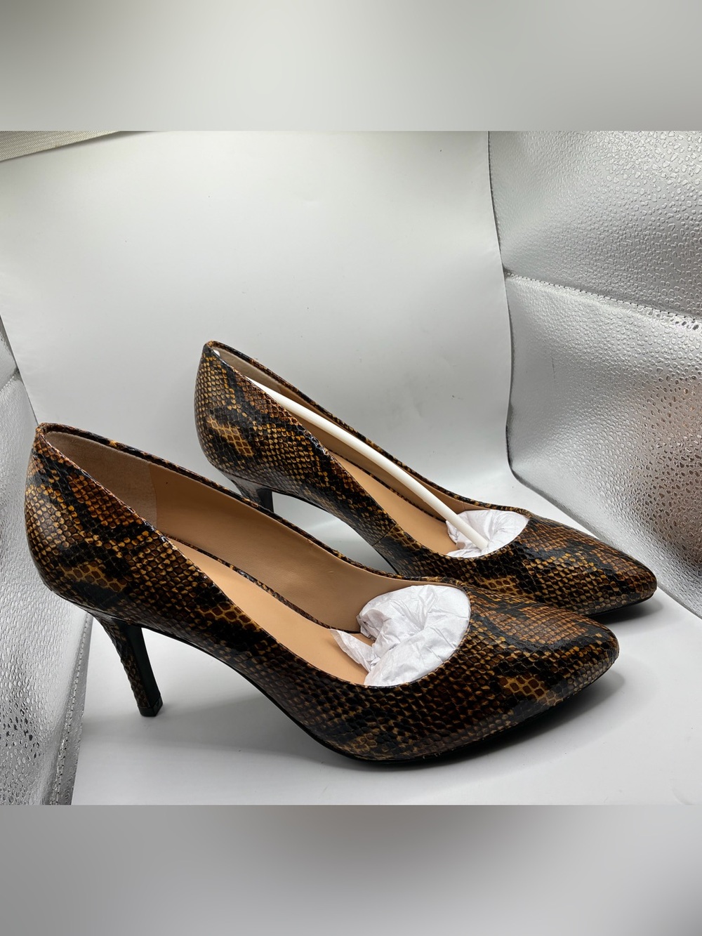 INC International Concepts Brown Snake-Print Pointed Toe Heels Pumps NIB